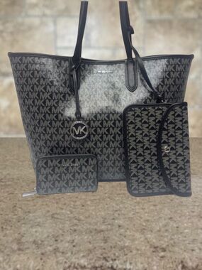Michael Kors Eliza XL Tote + Pouch & Wallet Set MK Signature Logo Black